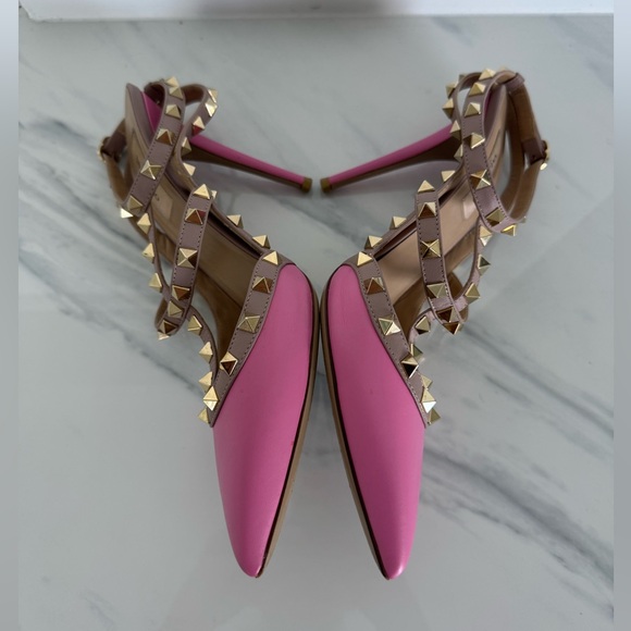 Valentino Pink Leather Gold Rockstud T-Strap Pumps Size 41 EU, 11 US - Picture 5 of 14